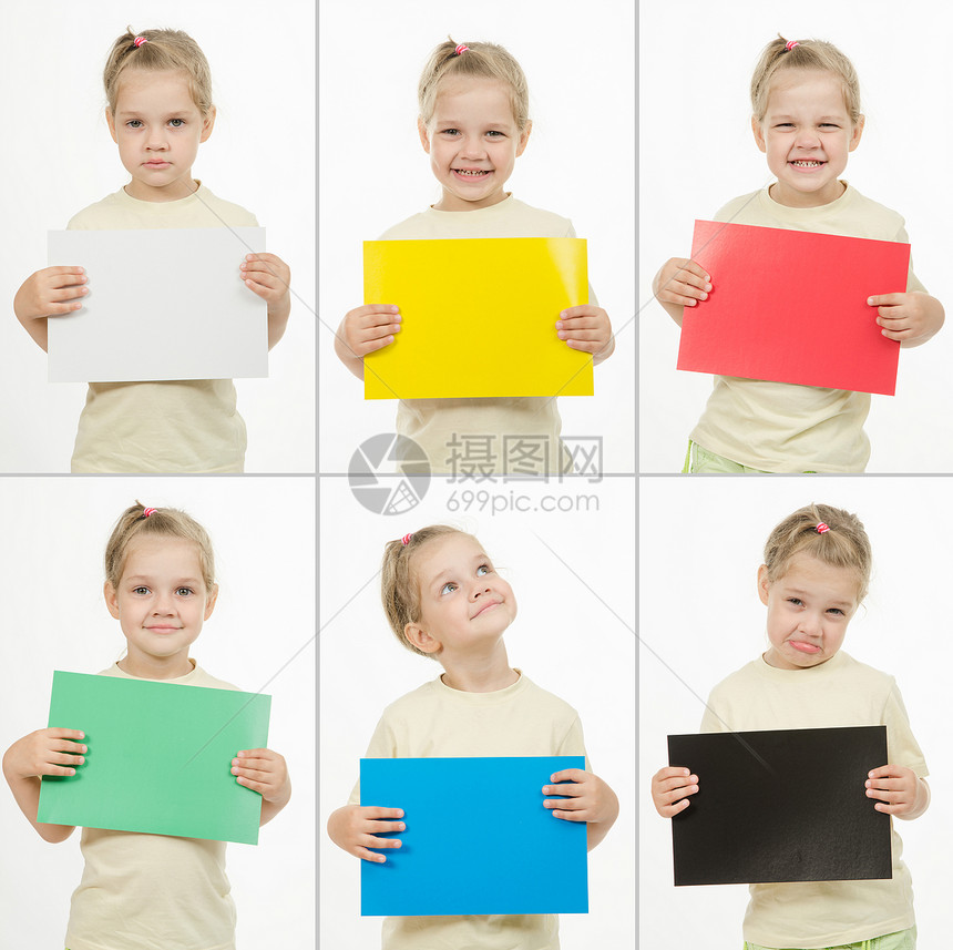 6张情感女孩肖像与彩色卡片的拼凑6张欧洲四岁女孩的情感肖像与多色自彩卡放在手中的欧洲四岁女孩情感拼凑图片