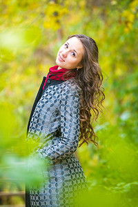 25名年轻美丽的女孩在秋天森林中走过欧洲的秋天森林图片