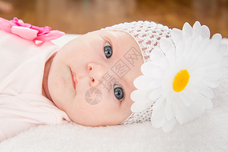 一个两月的欧洲女婴背着一个绷带头部和软床上躺着一朵花图片