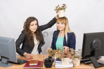 办公室的雇员用花盆装上一家园长同事图片