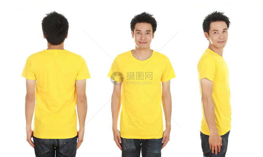 白色背景上被孤立的空黄色T恤衫男子图片