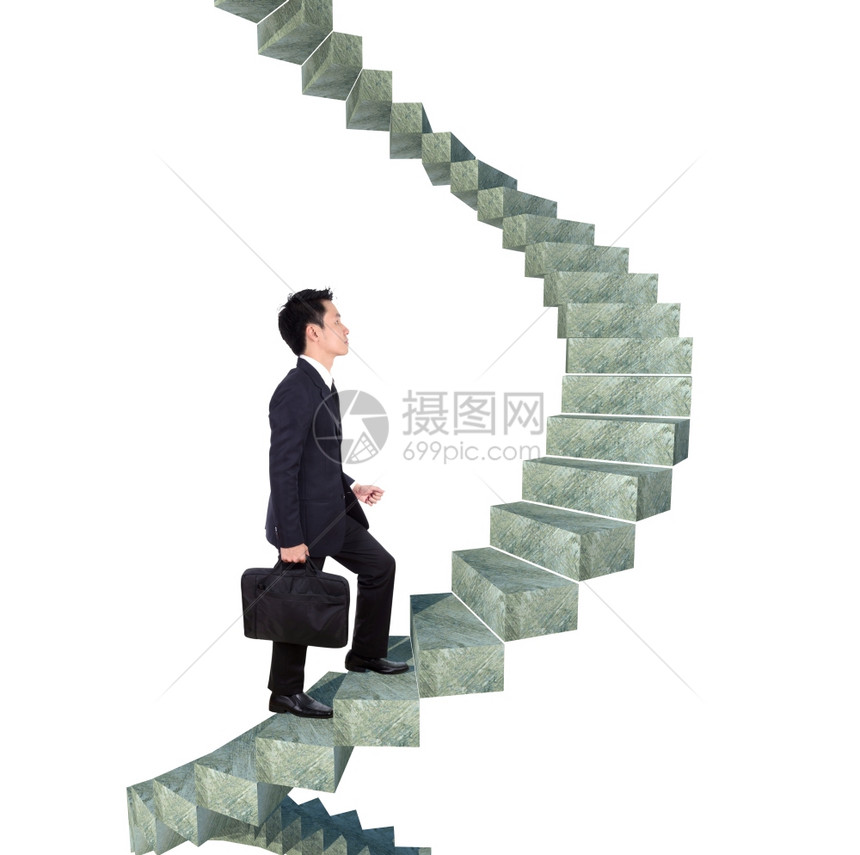生意人上楼在一条弯曲的楼梯上成功孤立在白色背景上图片