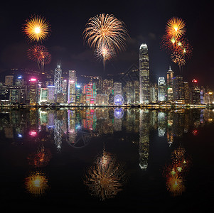 白天到夜晚在香港市举办烟花节设计图片