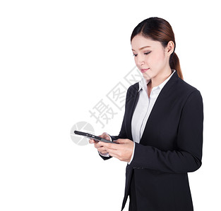 使用白背景孤立的智能电话商业妇女背景图片
