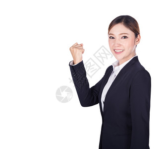 成功的商业妇女手举臂孤立无白种背景图片