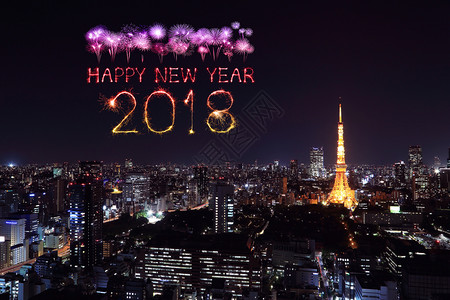 日本东京夜景2018年新烟火闪与东京市风景在晚上日本设计图片