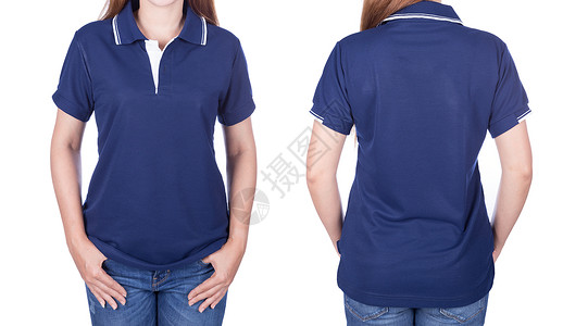 穿着蓝色马球衬衫的女子被白种背景隔离图片