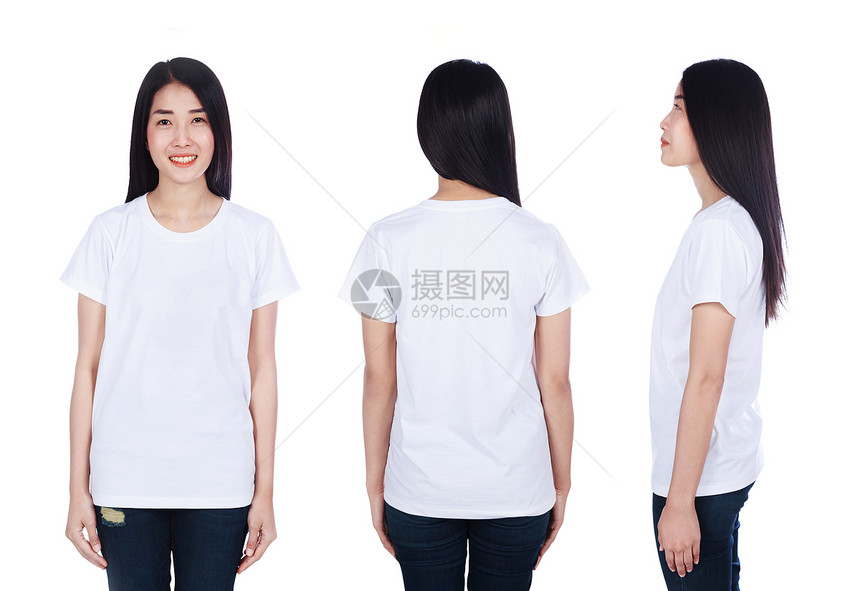 妇女穿着白色短袖圆领汗衫白背景孤立于图片