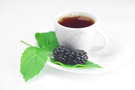 黑莓茶茶和黑莓白底有叶子背景
