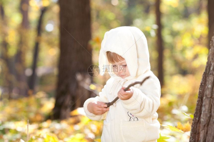 秋天森林中穿着装扮小兔子的漂亮女孩图片