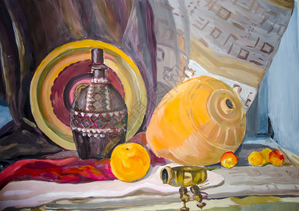 静态生命描绘的画花瓶盘子束和水果高清图片