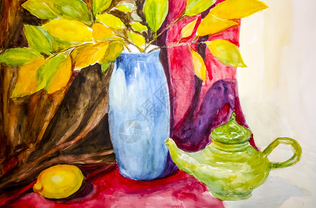 静态生命描绘的画花瓶盘子束和水果图片