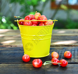 在棕色木制桌子上的黄铁桶里红樱桃在黄铁桶里图片