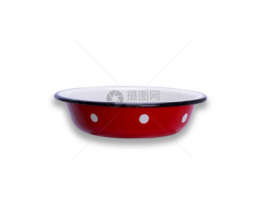 白背景孤立的空红色铁碗图片
