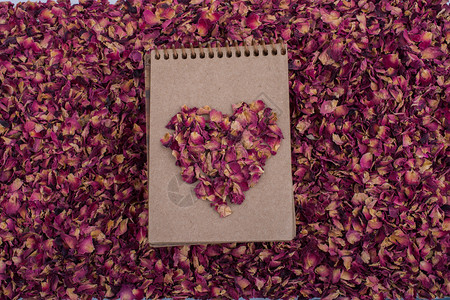干花瓣在螺旋笔记本上形成心脏状干玫瑰花瓣在螺旋笔记本上形成心脏状图片