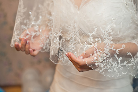新娘的手和礼服戴面纱的新娘图片