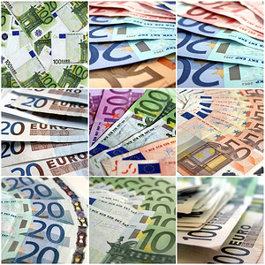 欧元货币与许多钞票的拼贴背景图片