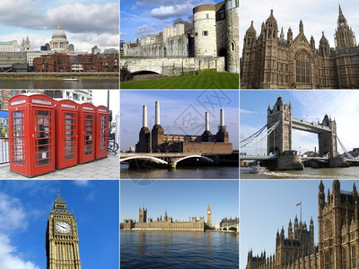 伦敦的地标拼贴包括BigBen议会大厦等伦敦的拼贴图片