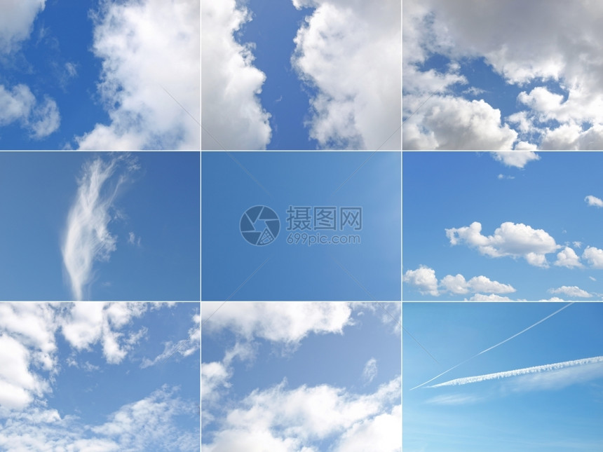 蓝色天空拼贴图9个不同的蓝色天空与白云相拼凑图片