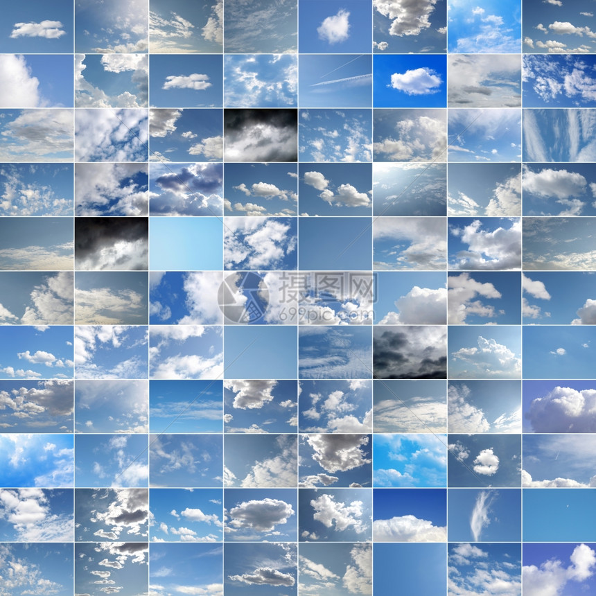 蓝色天空拼贴图将8个不同蓝色天空与白云相拼凑图片