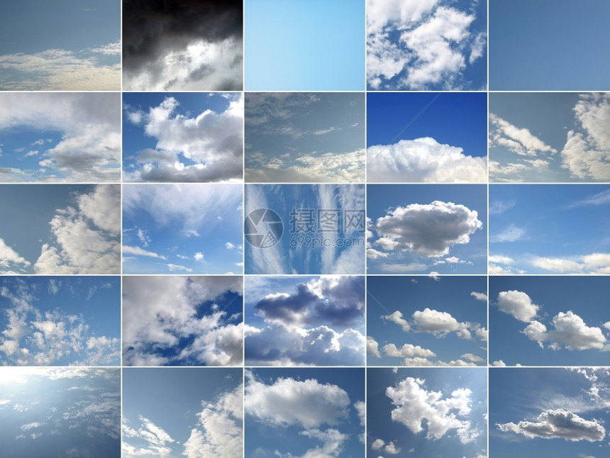 蓝色天空拼贴图许多不同的蓝色天空与白云相拼凑图片