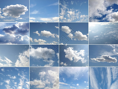 蓝色天空拼贴图许多不同的蓝色天空与白云相拼凑背景图片