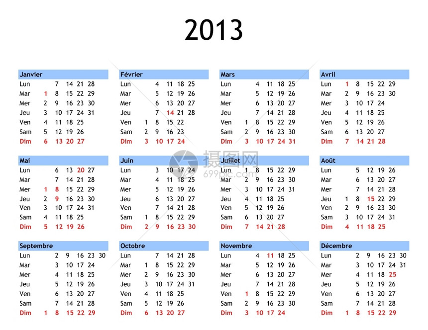 2013年日历2013年单页日历法文为2013年日历法国公共假日和银行为法国图片