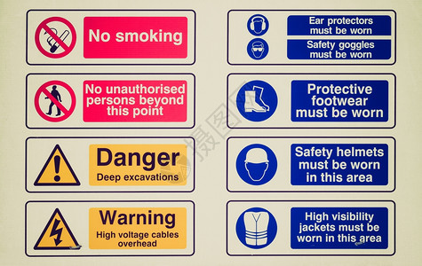 禁止吸烟指示牌古老的倒影建筑工地的标志禁止吸烟未经许可进入危险警告背景