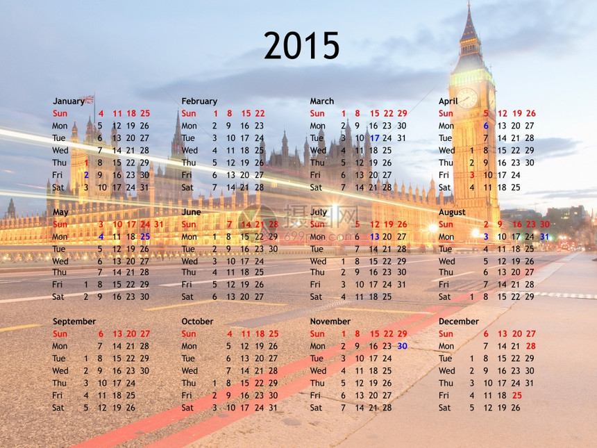2015年伦敦日历2015年议会众院威斯敏特宫2015年日历联合王国伦敦威斯敏特宫和地方假日以及银行图片