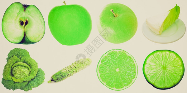 绿色食物拼图许多素食物品包括苹果生菜卷心黄瓜和石灰被孤立在白色之上包括苹果生菜卷黄瓜和石灰背景图片