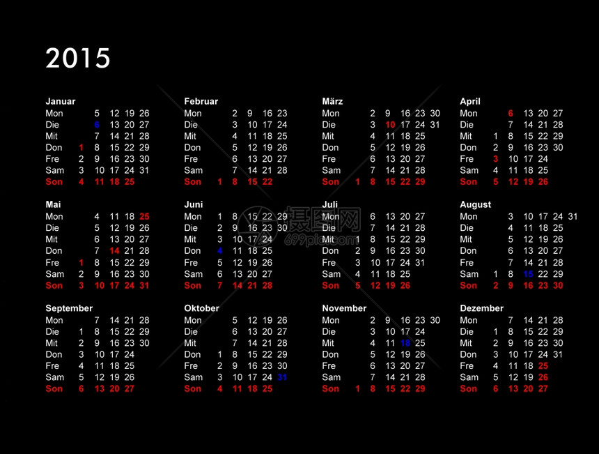 2015年德国日历包括公共和银行假日红色蓝地方图片