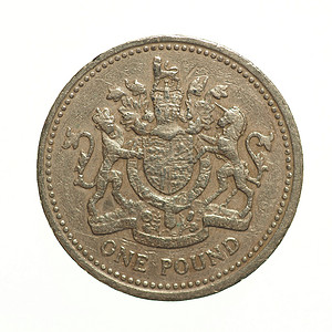1英镑一硬币1英镑的国货币孤立于白种背景图片