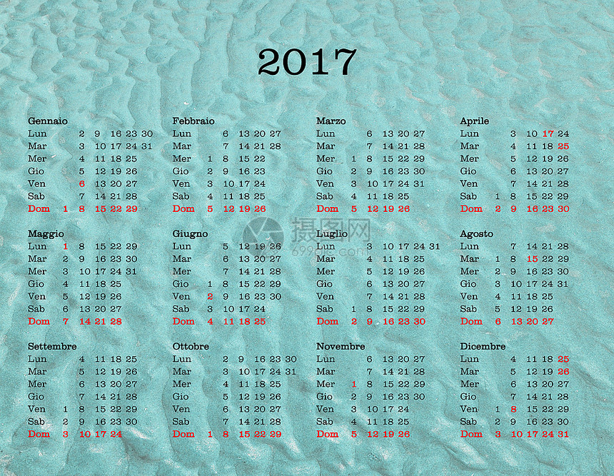 2017年日历有海洋背景的意大利2017年日历有海水背景的意大利公共假日和银行图片