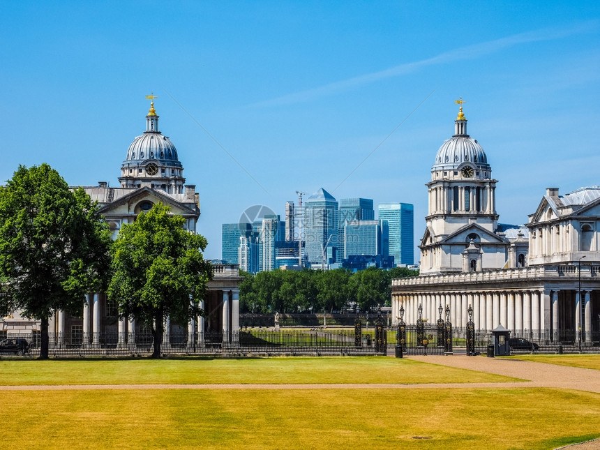 伦敦金丝雀码头从格林威治看英国伦敦金丝雀码头商业中心的高动态范围HDR图片