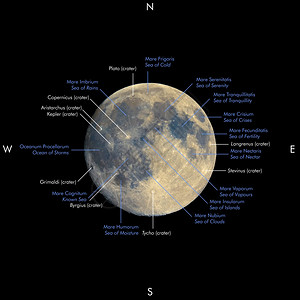 全月图增强的颜色拉丁文和英名称用望远镜观察的满月图用增强的颜色显示地形表面真实颜色的全月图用拉丁文和英标明的海洋和弹坑名称背景图片