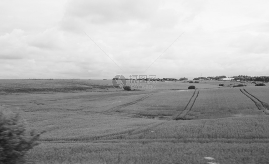在利物浦附近的火车上看到英语乡村有选择地关注平线在前景上运动模糊黑白两色图片