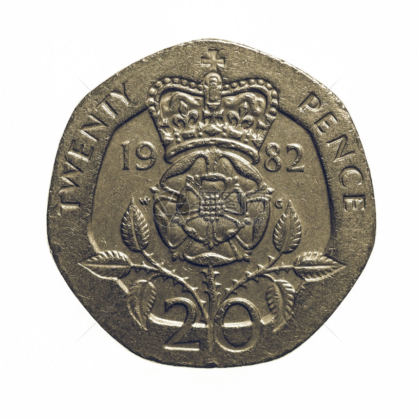 老式20便士硬币复古外观的英镑硬币20便士的英国货币背景为白色图片