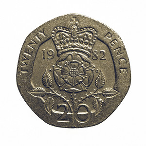 老式20便士硬币复古外观的英镑硬币20便士的英国货币背景为白色图片