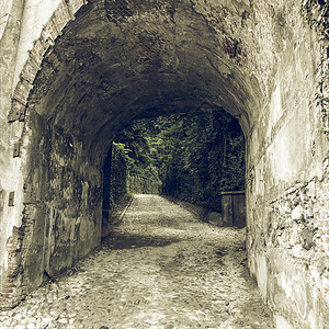 古老的景色隧道绿公园背景的地道象图片