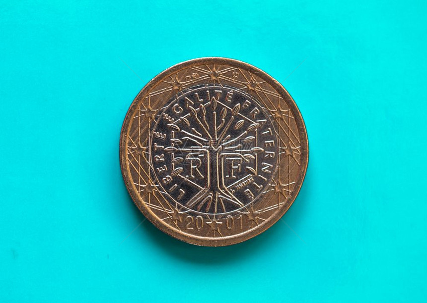 1欧元硬币洲联盟法国超过绿色蓝1欧元硬币洲联盟货法国超过绿色蓝背景图片