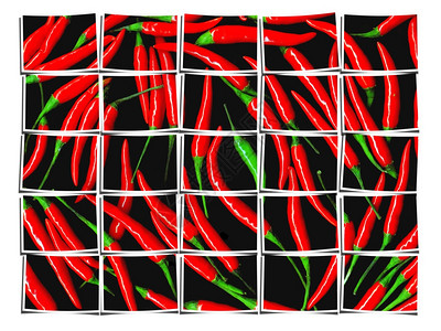 黑色背景拼图上红辣椒白面上多个图像的构成背景图片