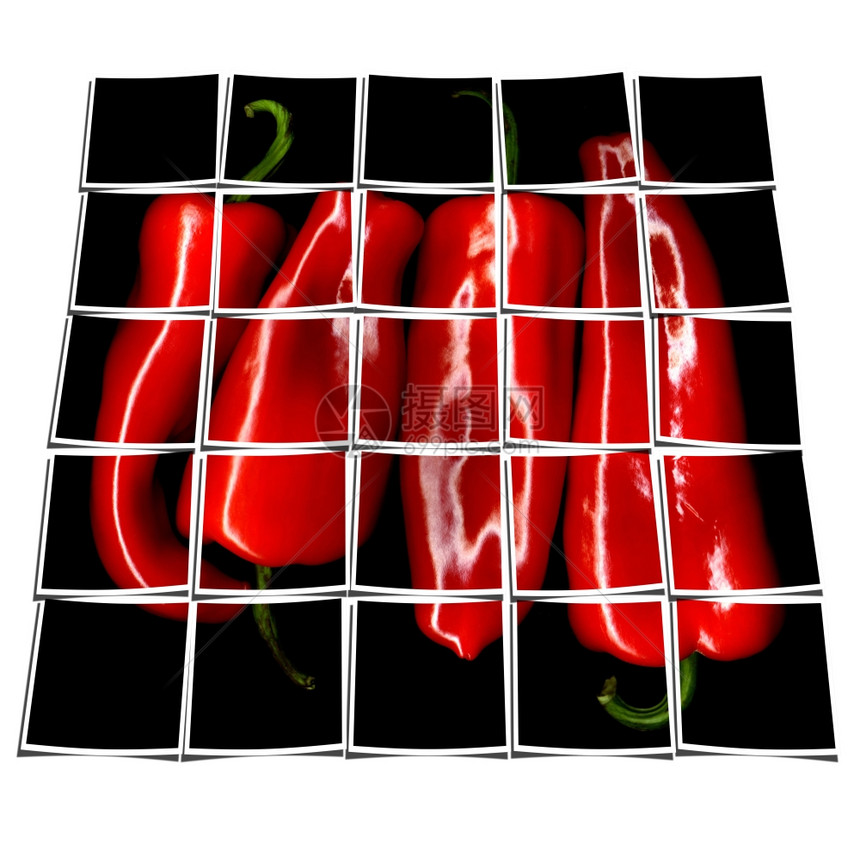 红色辣椒或黑背景拼图上的彩红辣椒或白面上多个图像的黑背景拼构成图片