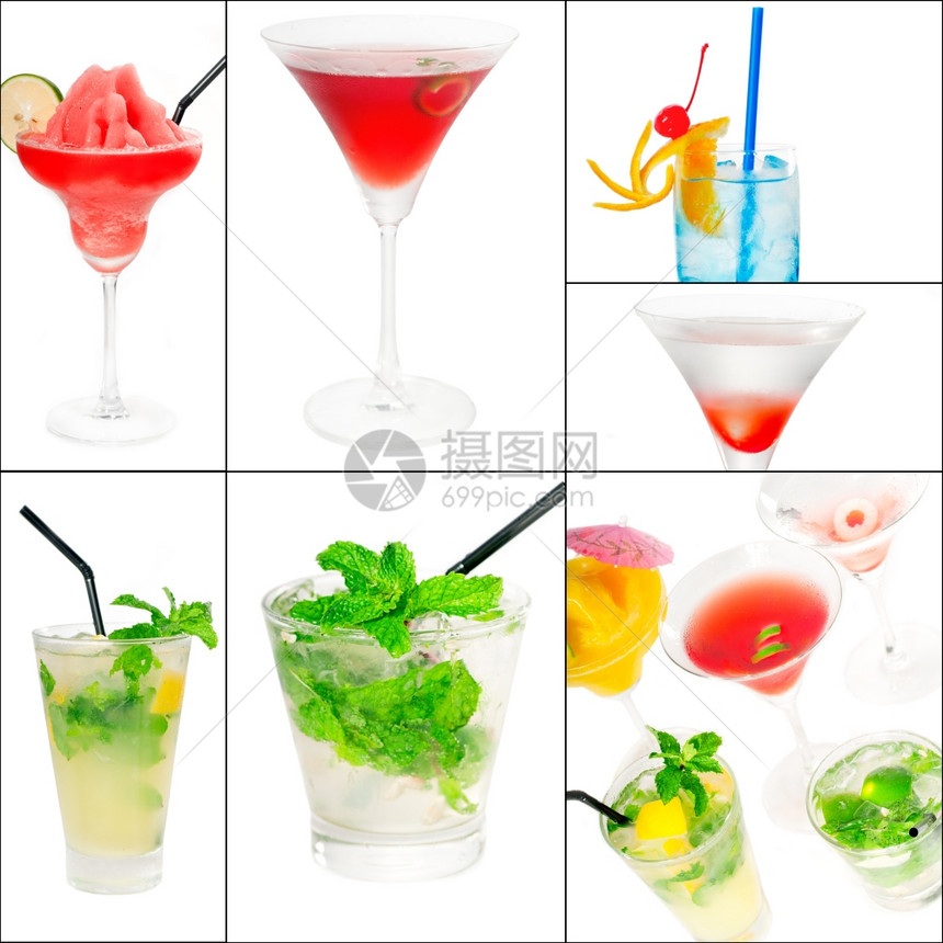 鸡尾酒饮料的选择拼贴组成嵌套在一个正方形的框架图片