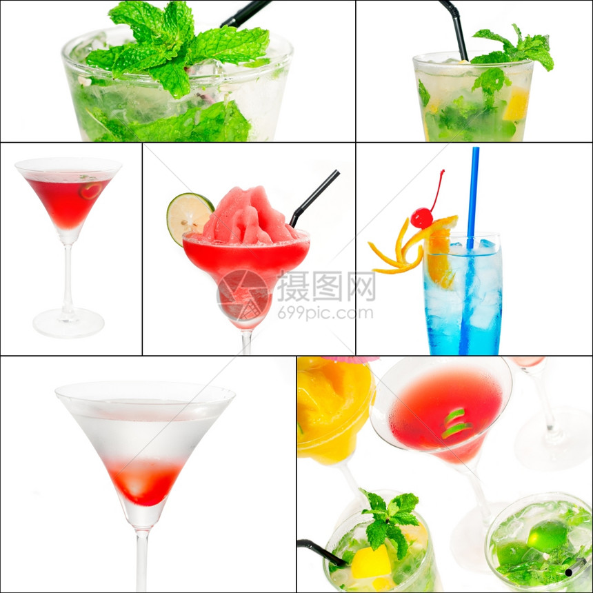 鸡尾酒饮料的选择拼贴组成嵌套在一个正方形的框架图片