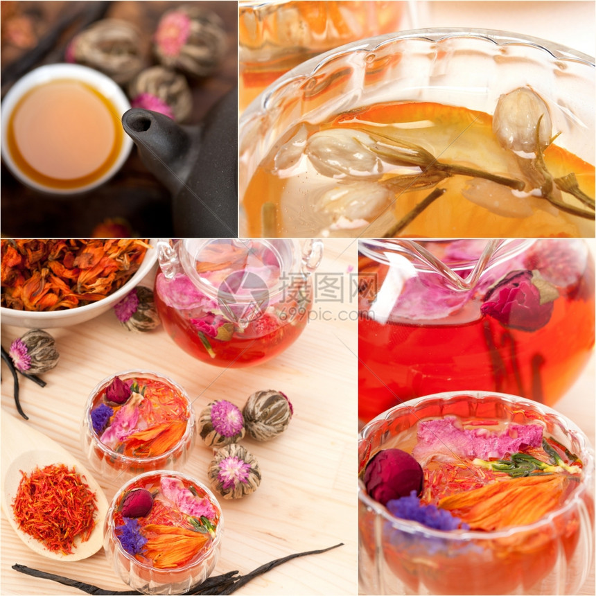 收集不同的草药茶混合粉白框图片