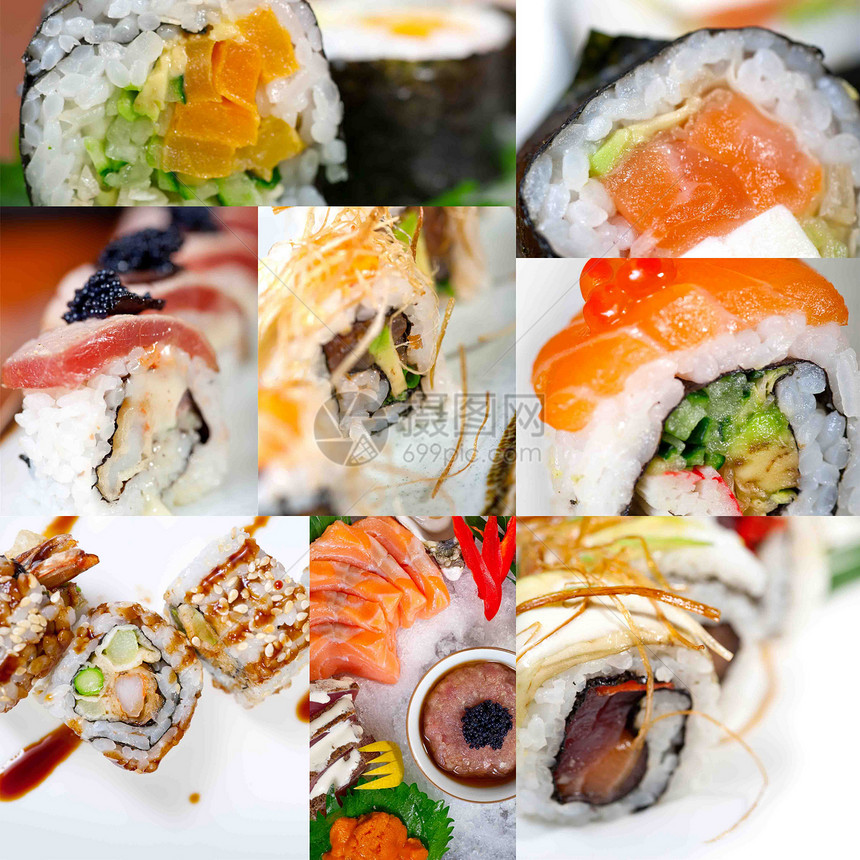 选择许多日本寿司的白边盘子拼图图片