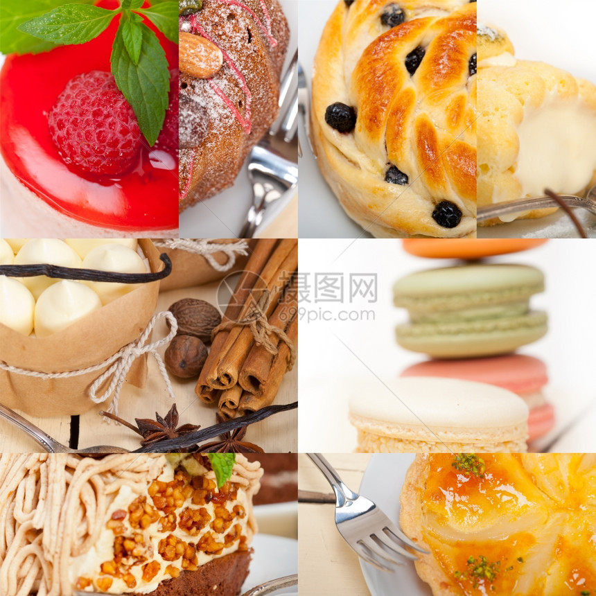 鲜多彩的美味自制甜点蛋糕选择成分拼贴图片