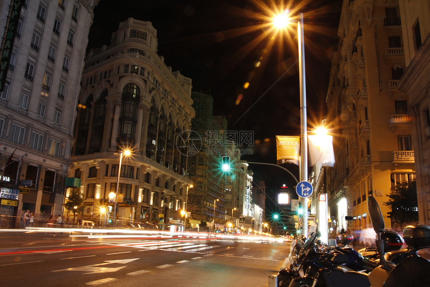 晚上在马德里GranVia的著名和典型街道图片