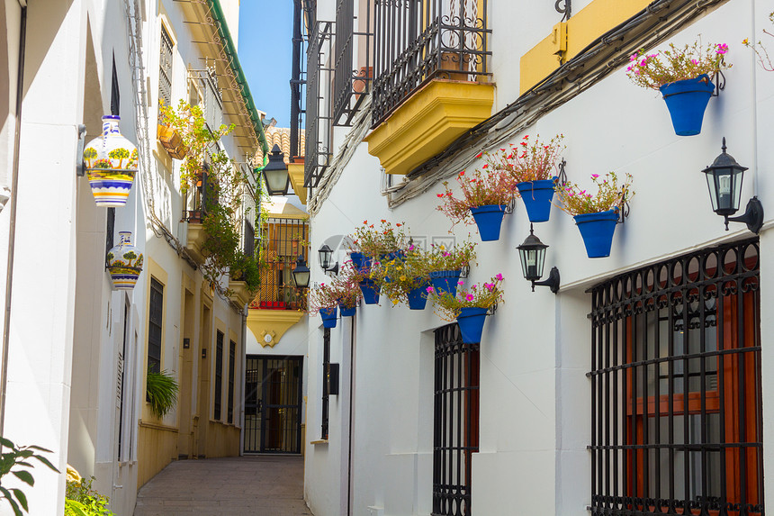 西班牙科尔多瓦市典型的街道上装饰鲜花图片