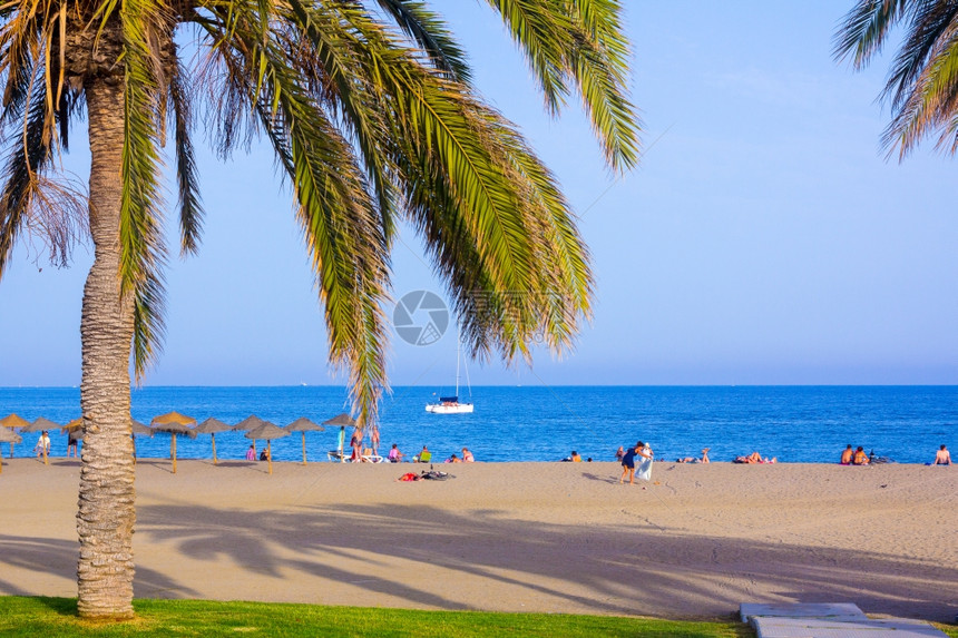在马拉加Malaga西班牙带棕榈树和蓝海的马拉盖塔滩旅行图片
